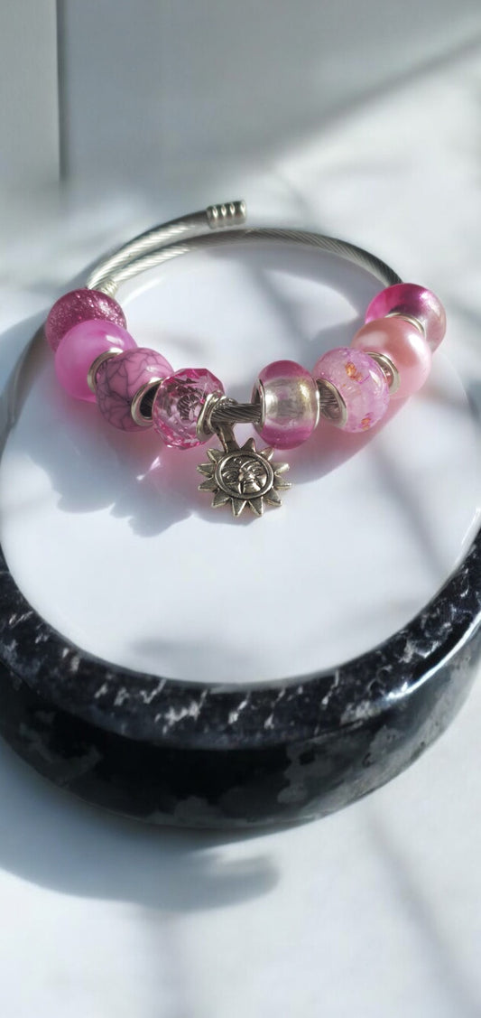 Bracelet Chaîne Serpent Réglable - Perles de Verre Rose et Breloque Soleil