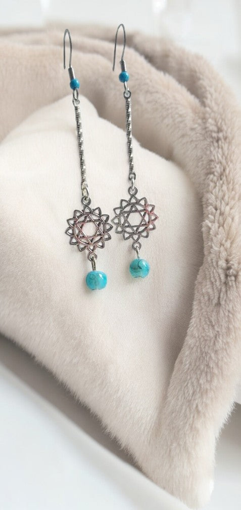 Boucles d'Oreilles Argentées avec Pentacle et Perle Bleue